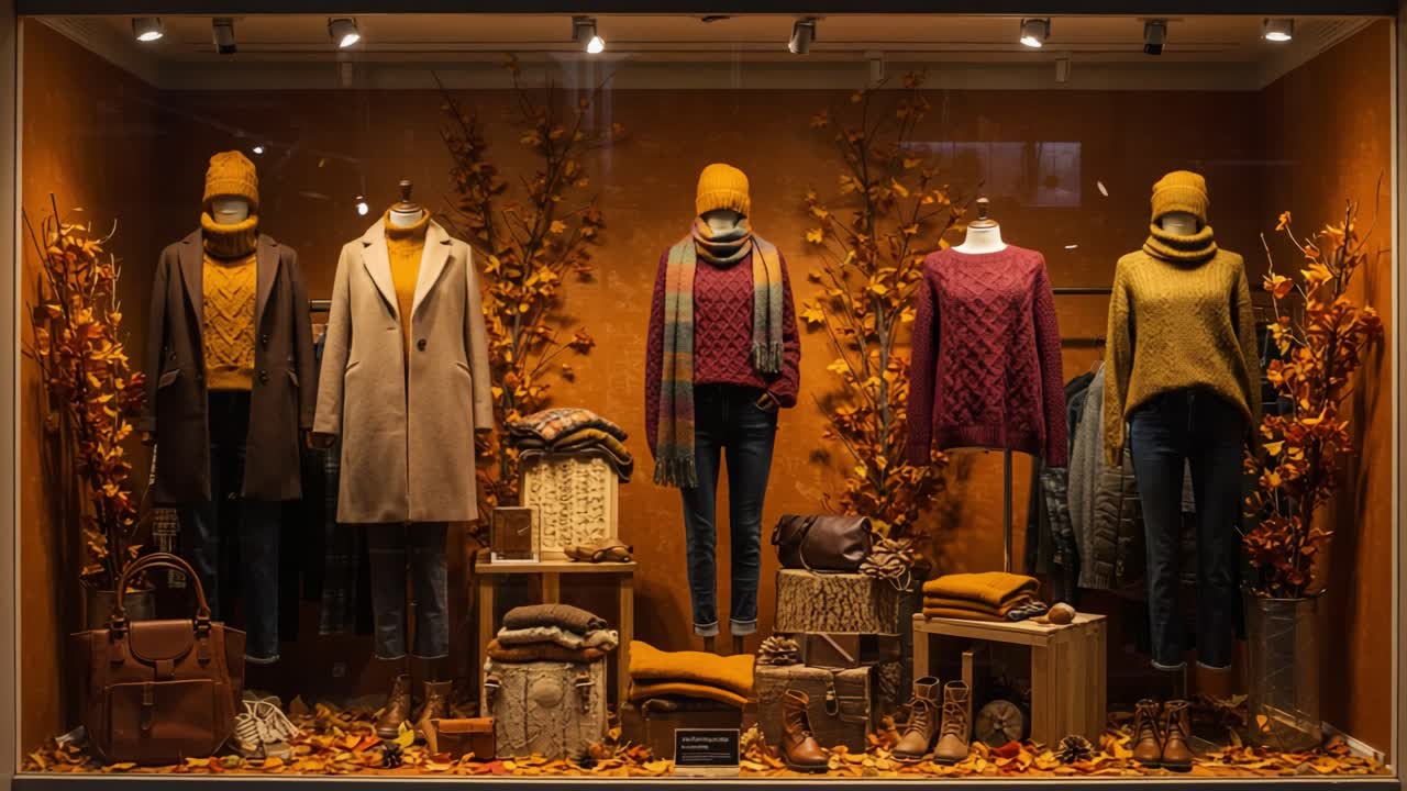 Autumn Fashion Display Featuring Cozy Knitwear, Warm Accessories, and Stylish Outerwear Amidst a Vibrant Fall Setting with Decorative Leaves