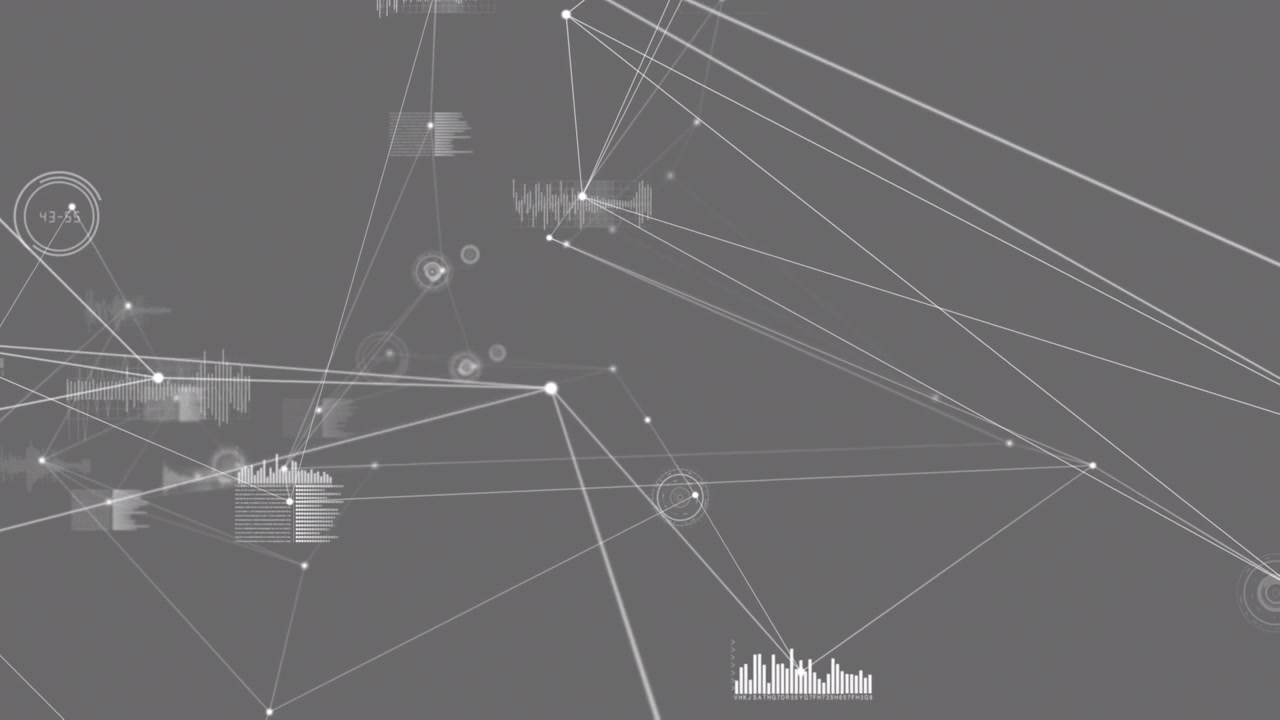 Animation of network of connections with data processing over dark background