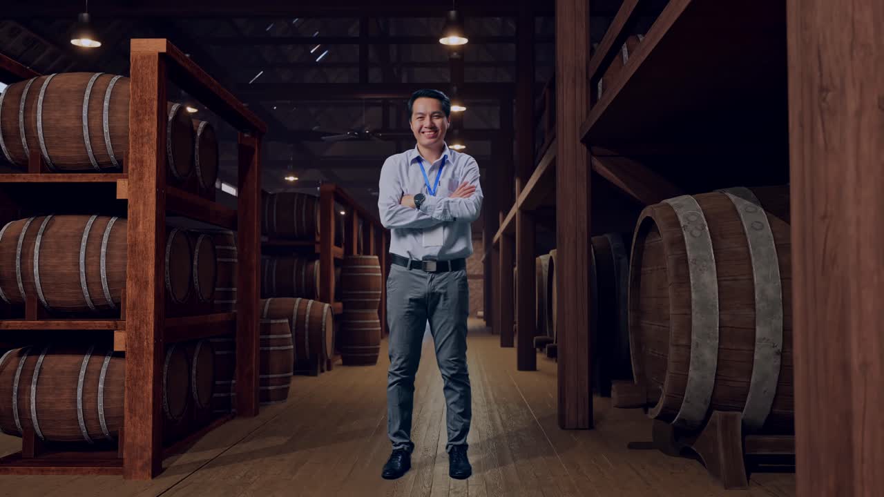 Full Body Shot Captures Of An Asian Male Professional Worker Standing In Cellar Of Winery, His Broad Smile At The Camera And Cross His Arm Over His Chest