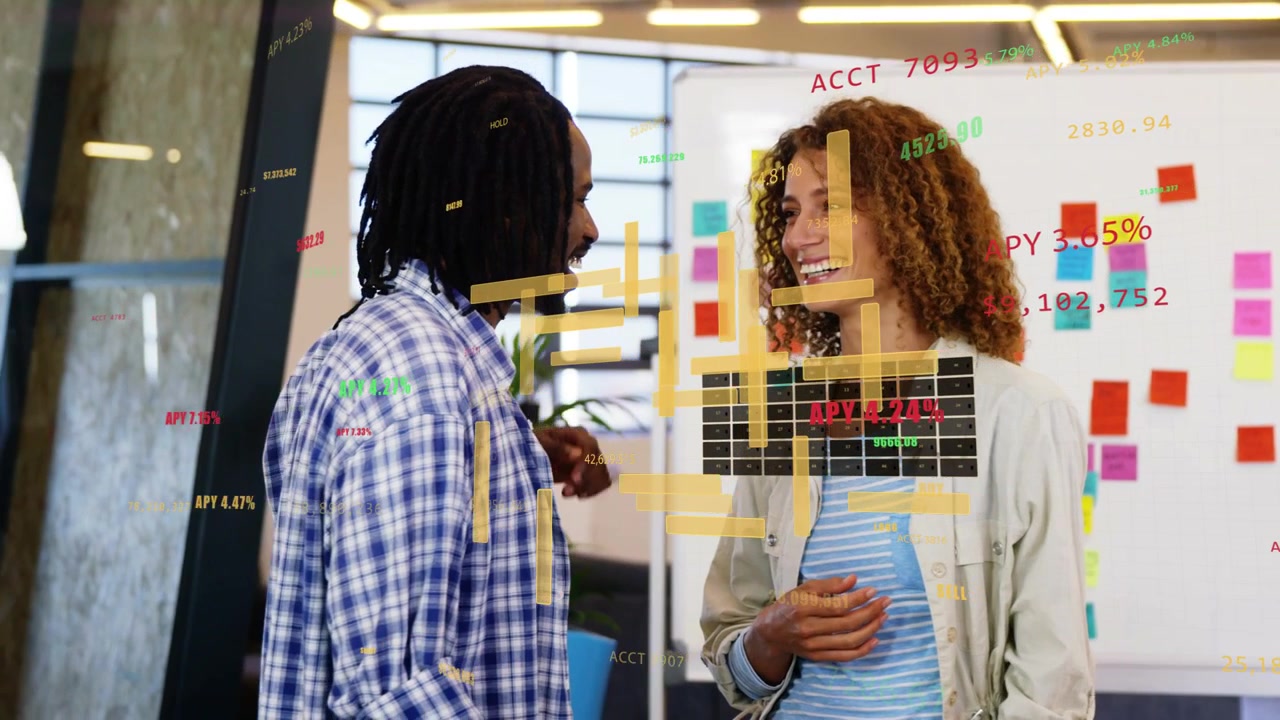 Man and woman chatting at whiteboard, chat sparking finance overlays showing APY charts on torsos