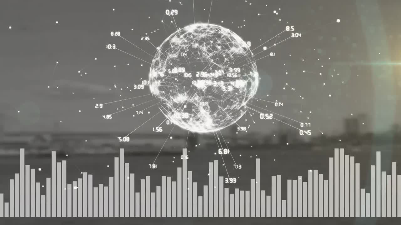 globo de red de conexiones y ecualizador de música contra el paisaje urbano en el fondo