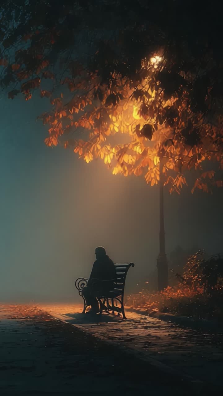 A Serene Evening Scene Beneath a Golden Canopy: A Contemplative Figure Sits Alone on a Bench in a Foggy Atmosphere with Illuminated Autumn Leaves