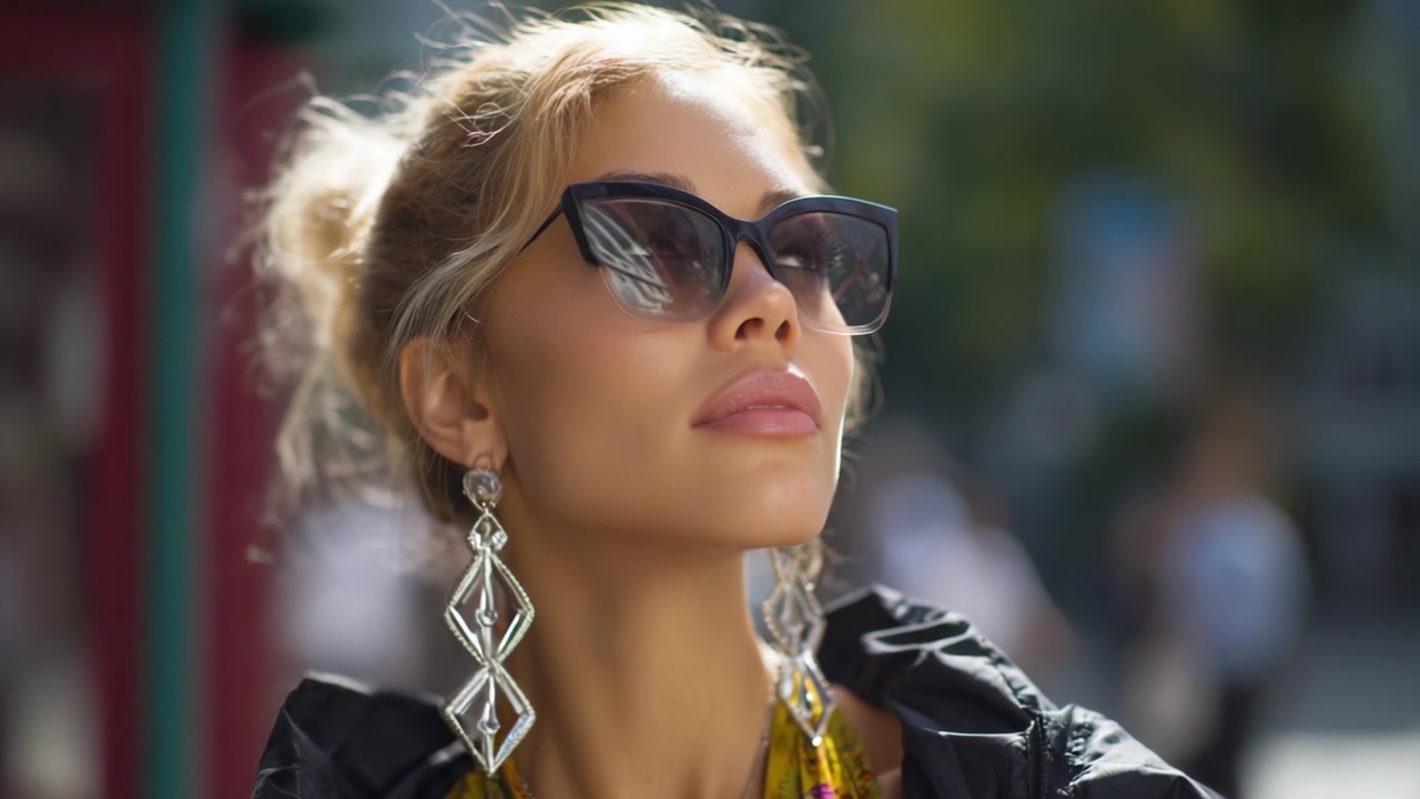 Giovane donna elegante con occhiali da sole alla moda e orecchini vistosi che si gode una giornata di sole all'aperto con un'espressione sicura in un vivace ambiente urbano
