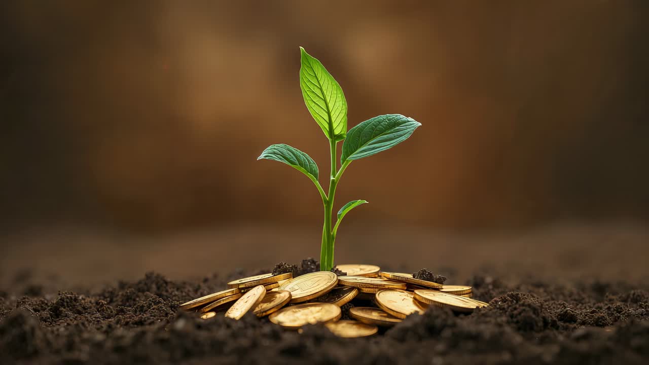 Time-lapse showing single green seedling slowly rising from gold coins in studio, showing growth