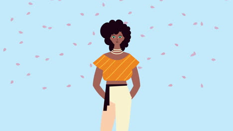 afro beautiful woman with petals flower rain