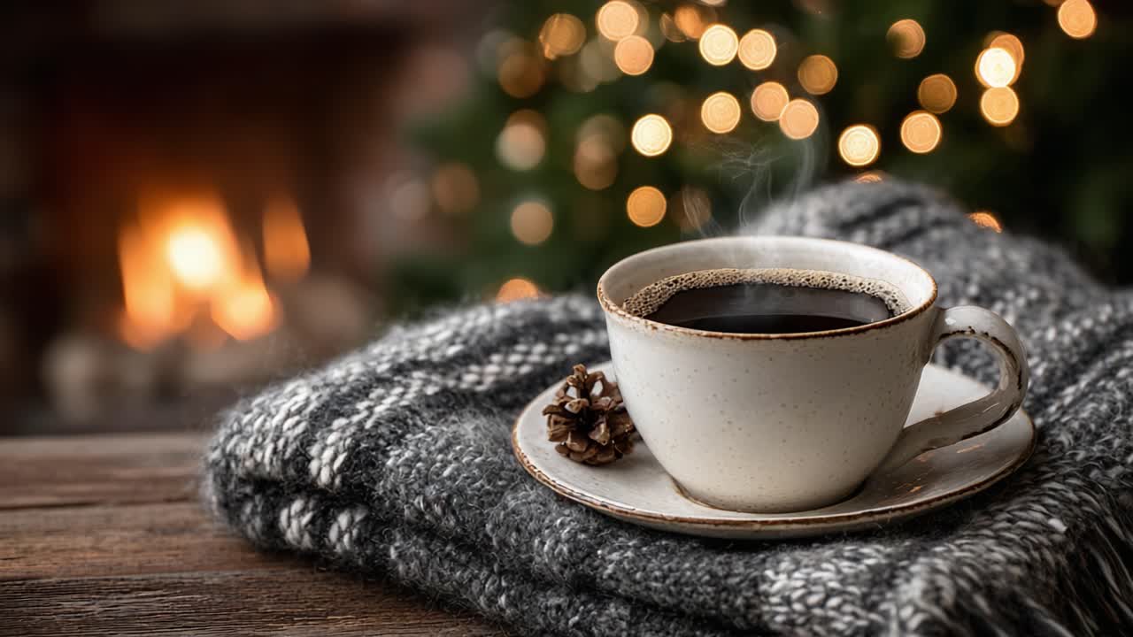 A Cozy Cup of Coffee by the Fireplace, Perfectly Complemented by a Warm Blanket and Holiday Ambiance of Twinkling Lights and Pinecones