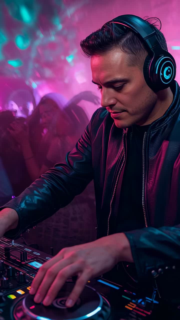 Vertical video: Mixing DJ in leather jacket with LED headphones cueing mixer at club beat dropping