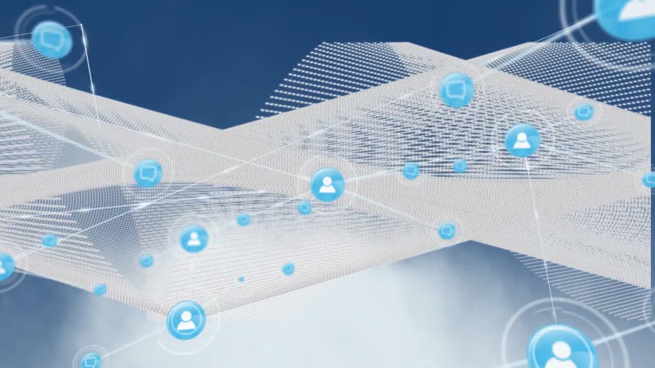 파란색 배경에 산과 그리드 위의 아이콘과 연결 네트워크의 애니메이션