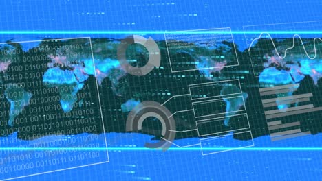 animación del procesamiento de datos sobre el mapa del mundo sobre fondo azul