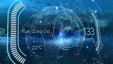 Animación-Del-Tablero-Digital-Sobre-Un-Mapa-Del-Mundo-Con-Indicadores-De-Velocidad-Y-De-Automóvil-Eléctrico