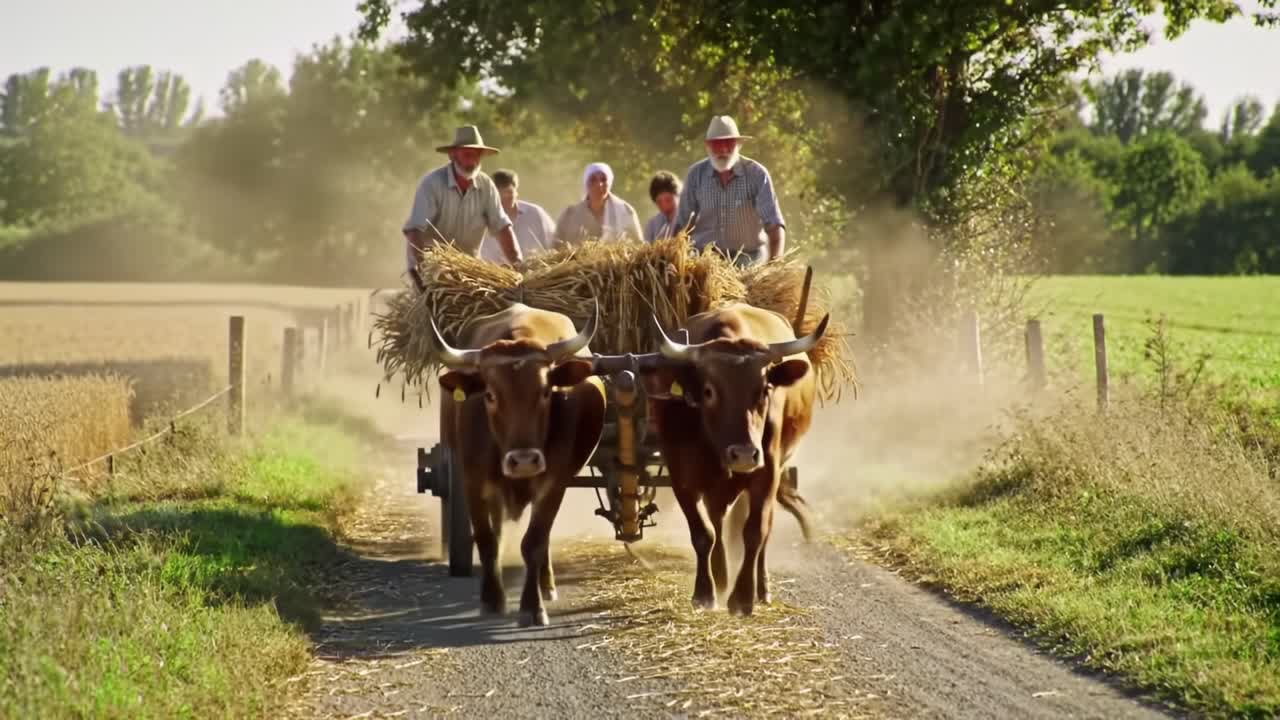 A Traditional Harvest Scene Featuring Oxen Pulling a Cart Loaded with Hay Through a Dusty Path in a Serene Countryside Landscape