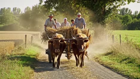 a traditional harvest scene featuring oxen pulling a cart loaded with hay through a dusty path in a serene countryside landscape