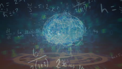 animación de cerebro giratorio y fórmulas matemáticas en el fondo de la marina