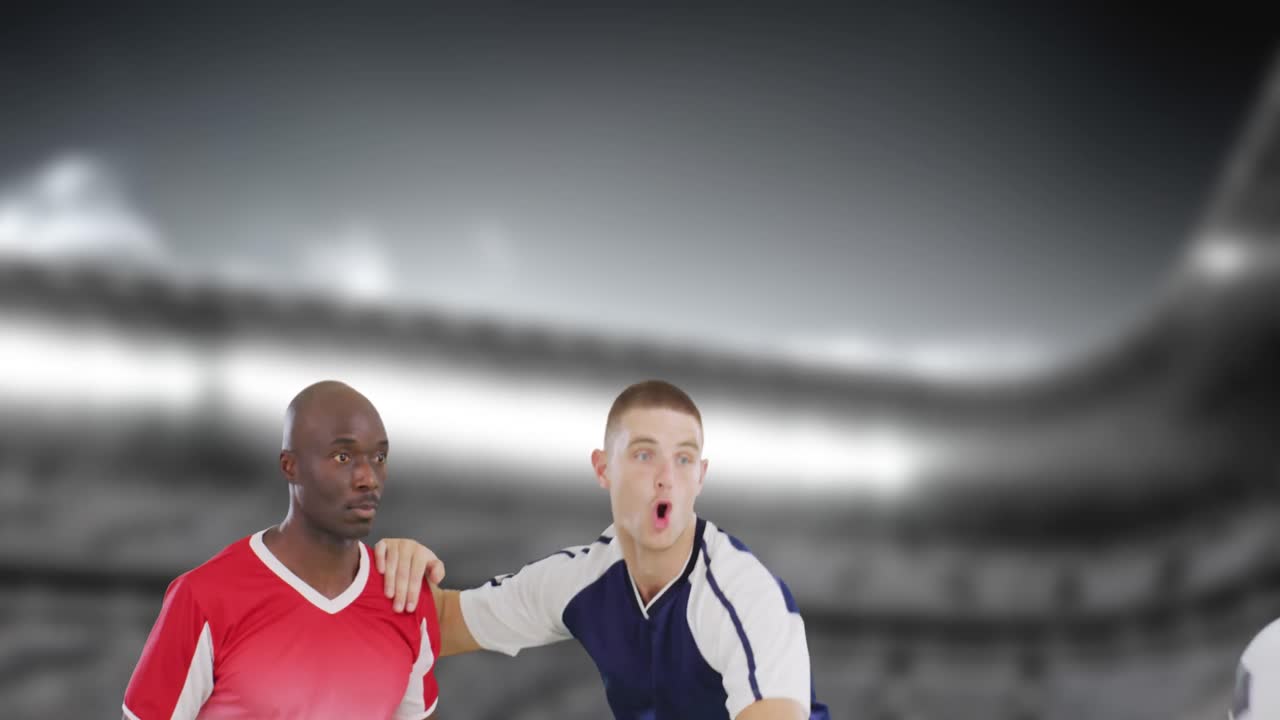 다양한 남성 축구 선수들이 뛰는 스타디움의 애니메이션