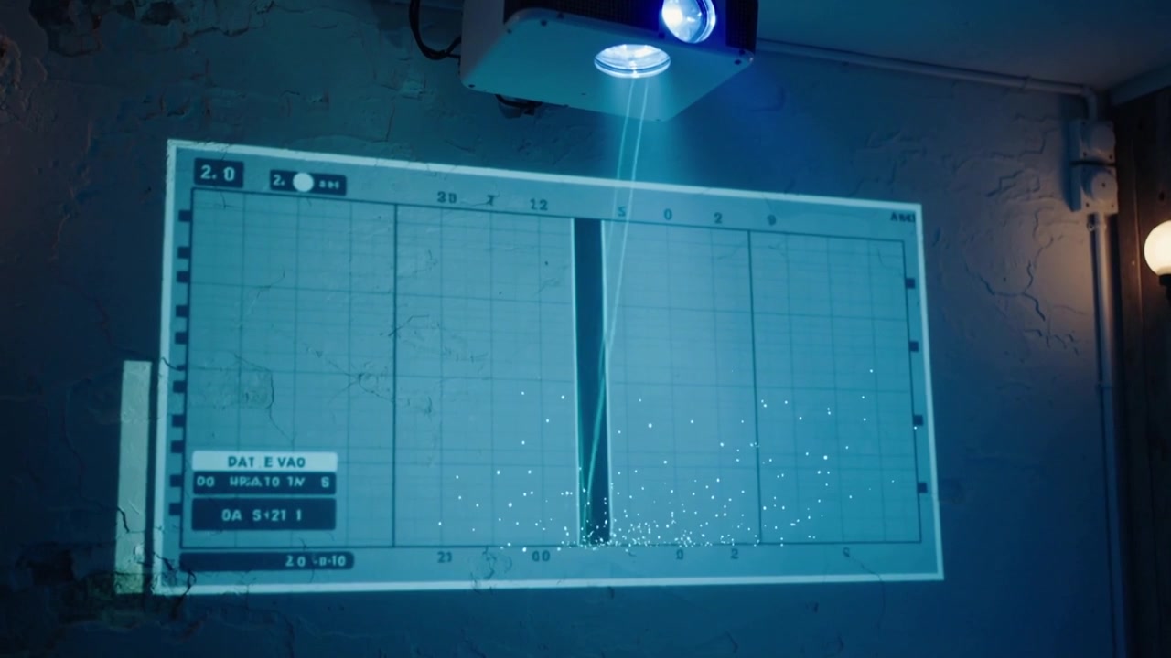 Projecting ceiling projector casting blue grid on rough wall, particles drifting for alignment