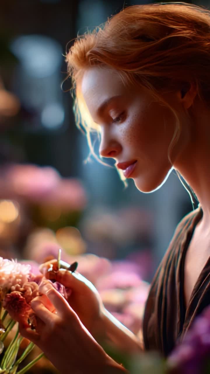 Captivating Portrait of a Woman Engaging Elegantly with Flowers Amidst a Vibrant Floral Background, Emphasizing Beauty and Connection to Nature