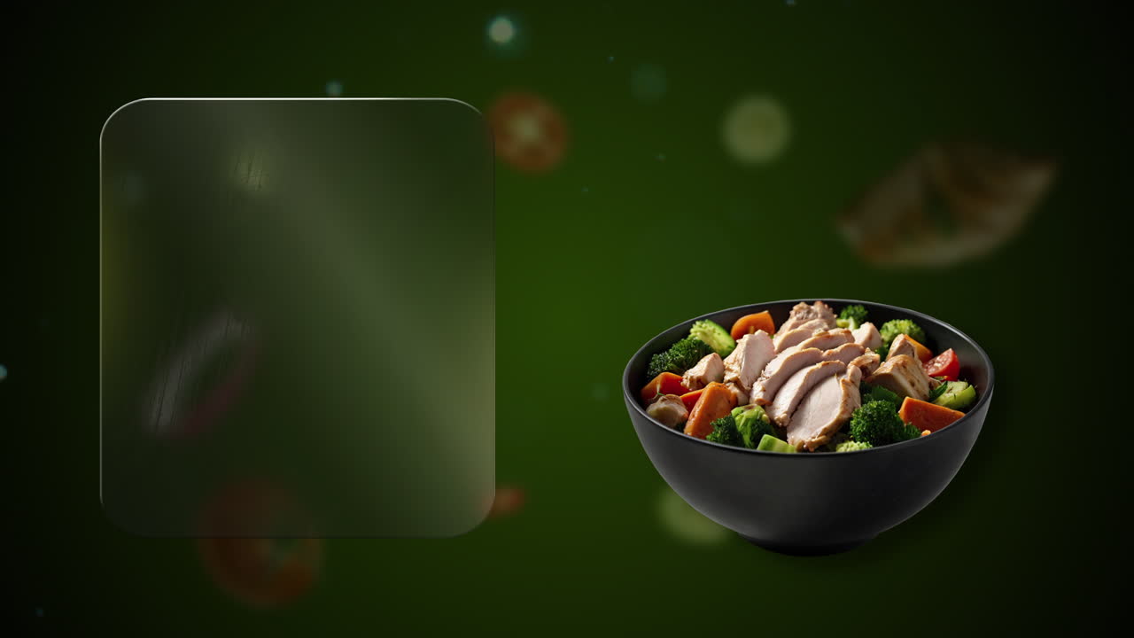 Grilled chicken fillet strips salad in a Black bowl With tomatoes, onion and broccoli Animation - the clear glass board pops out for price or dish labeling