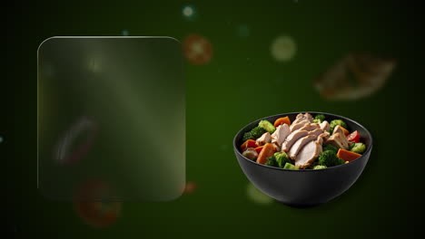 grilled chicken fillet strips salad in a black bowl with tomatoes, onion and broccoli animation - the clear glass board pops out for price or dish labeling