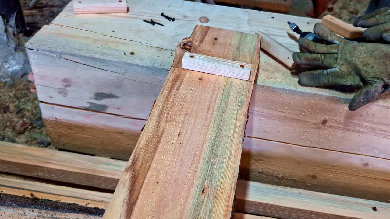 Building Wooden Bench With Gloves and Drill Inside Workshop Environment