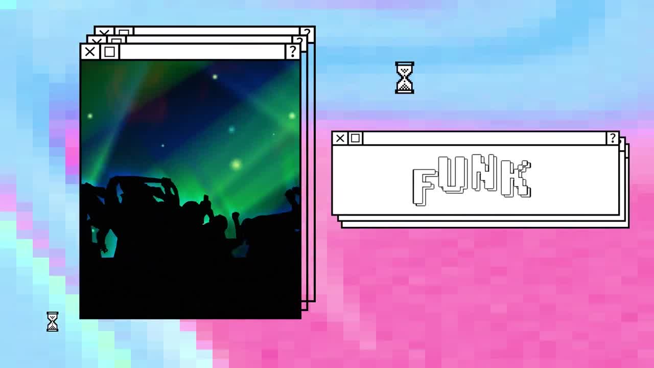 animación de funk en texto blanco en ventana apilada, con multitud y luces animadas, en azul y rosa