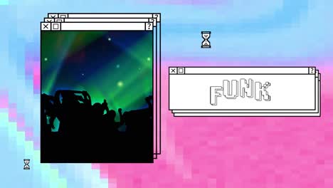 Animation of funk in white text in stacked window, with cheering crowd and lights, on blue and pink