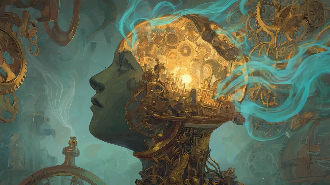 A Mysterious Mechanical Mind: A Journey Through a Surreal Landscape Where Gears and Enigmatic Iridescent Flames Collaborate, Revealing the Depths of Human Thought and Imagination Intertwined