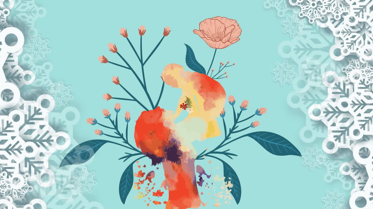 fiocchi di neve contro la silhouette della madre che porta il suo bambino e il disegno floreale sullo sfondo blu
