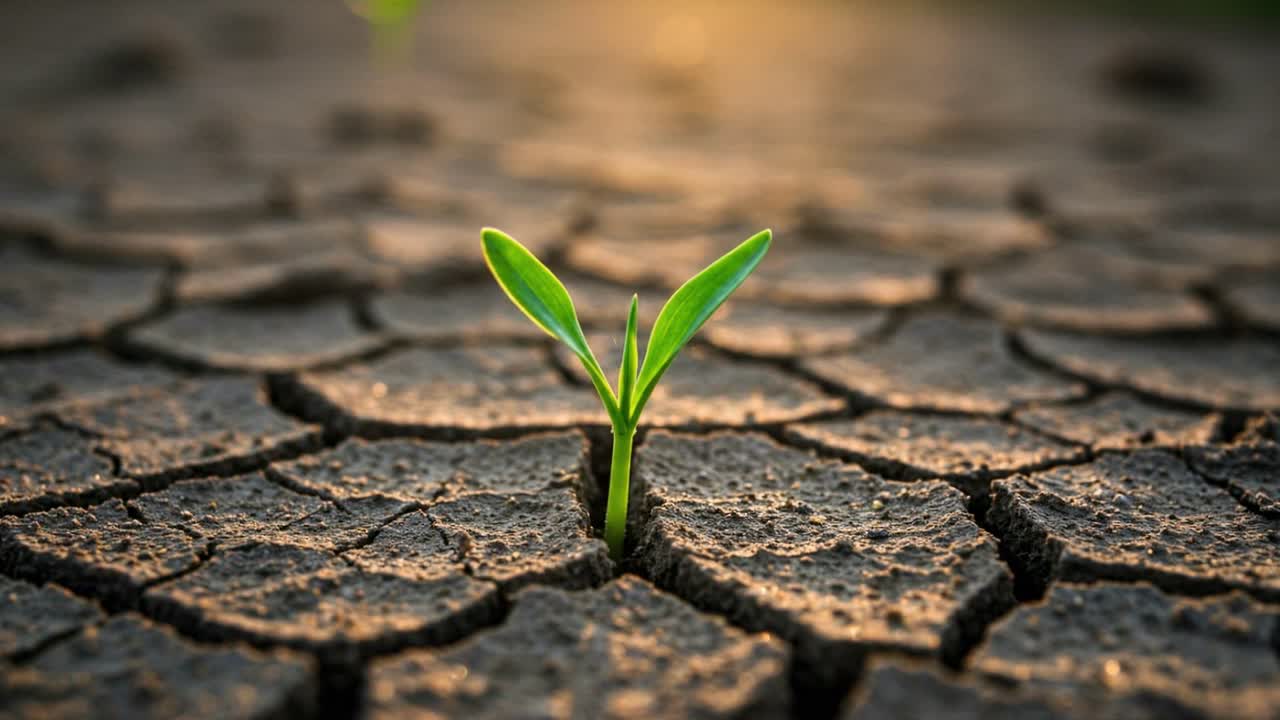 A new plant breaks through the dry, cracked earth, standing tall in the warm glow of the golden hour within a vast arid landscape