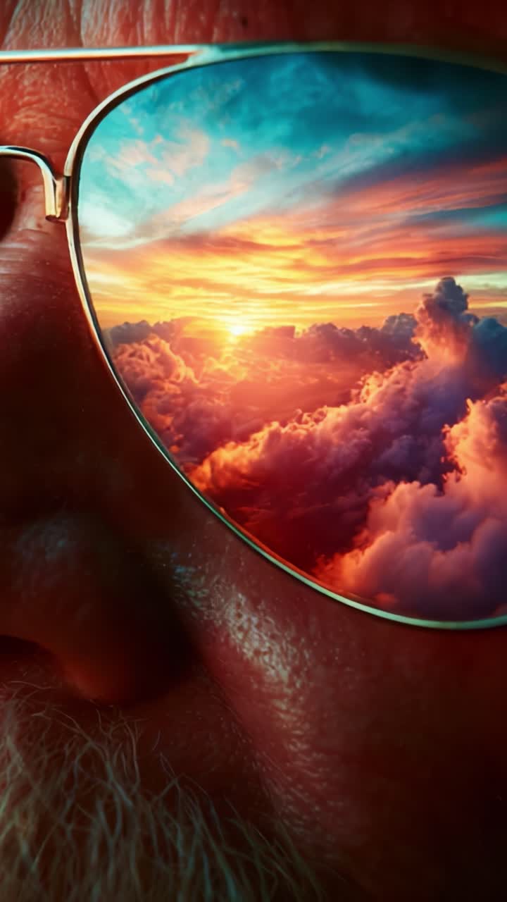 Un uomo pensieroso guarda l'orizzonte, i suoi occhiali da sole riflettono un tramonto spettacolare su nuvole colorate, suscitando pensieri di riflessione e serenità