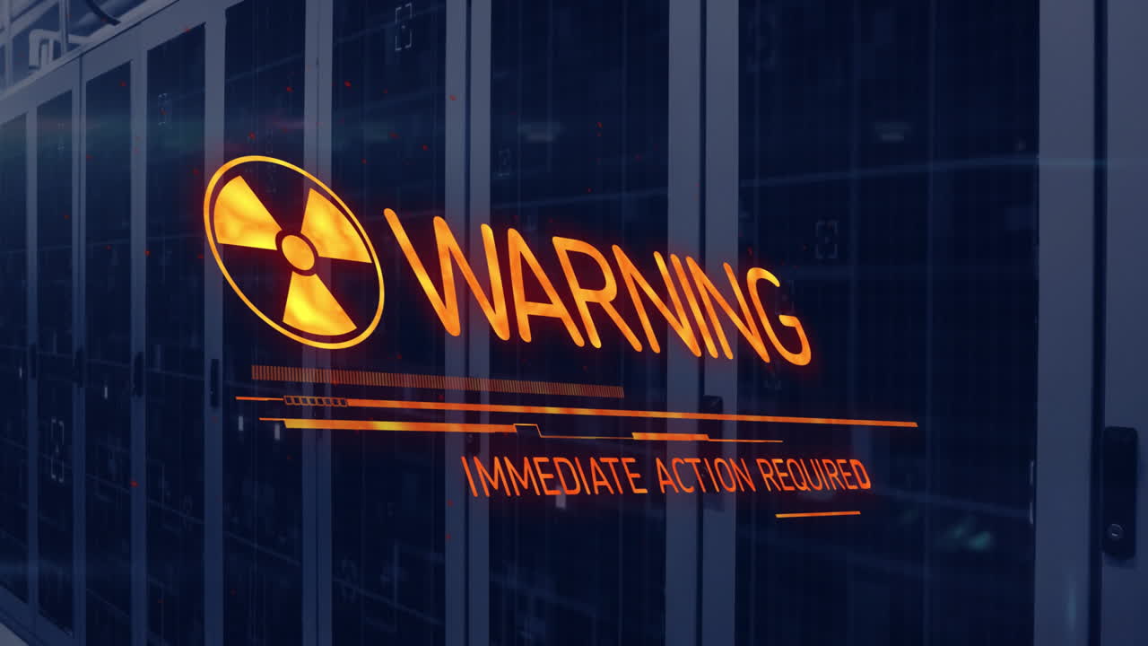 Warning message with urgent action needed in server room with digital animation