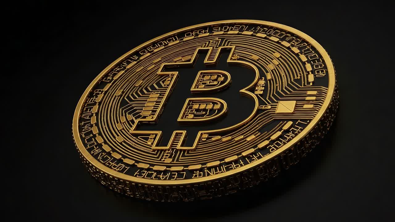 Stunning Close-Up of a Gold Bitcoin Coin on a Dark Background, Highlighting the Intricate Design and Digital Technology Behind Cryptocurrency Wealth and Investment