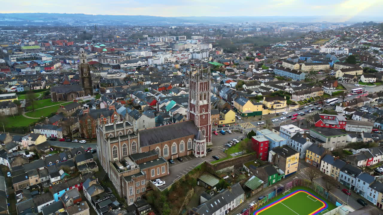 Aerial drone view of St. Mary's Church in Dublin's city center with surrounding historic and modern buildings