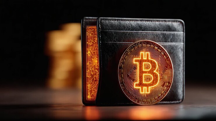 Un portafoglio nero di grande impatto visivo con un simbolo Bitcoin luminoso illuminato su uno sfondo scuro, che rappresenta l'intersezione tra valuta digitale e finanza moderna