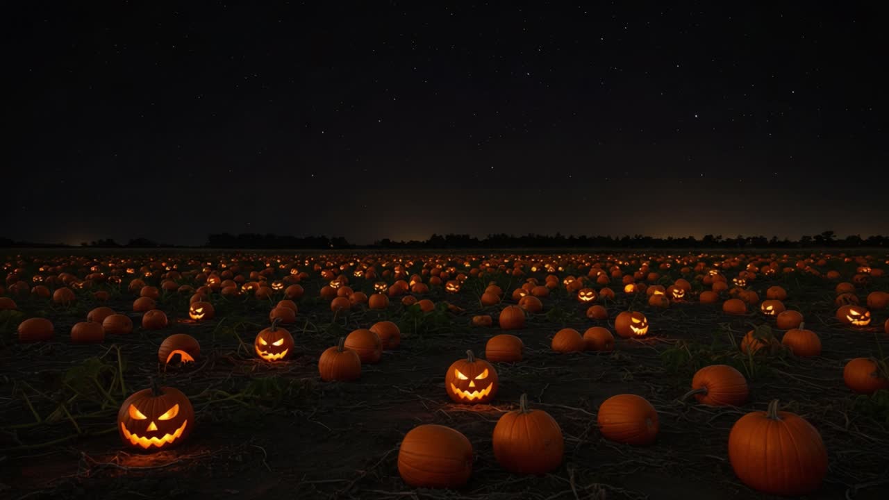 A Spooktacular Night in the Pumpkin Patch: Glowing Jack-o'-Lanterns Illuminate the Field Under a Starry Sky, Creating a Hauntingly Beautiful Scene for Halloween Festivities