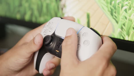 boy gaming on a playstation 5 with a ps5 controller in the afternoon, side view close