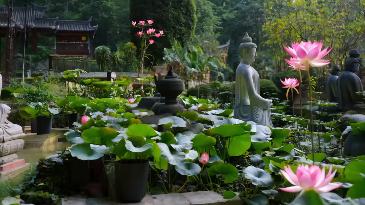 jardín budista con estatuas y flores de loto