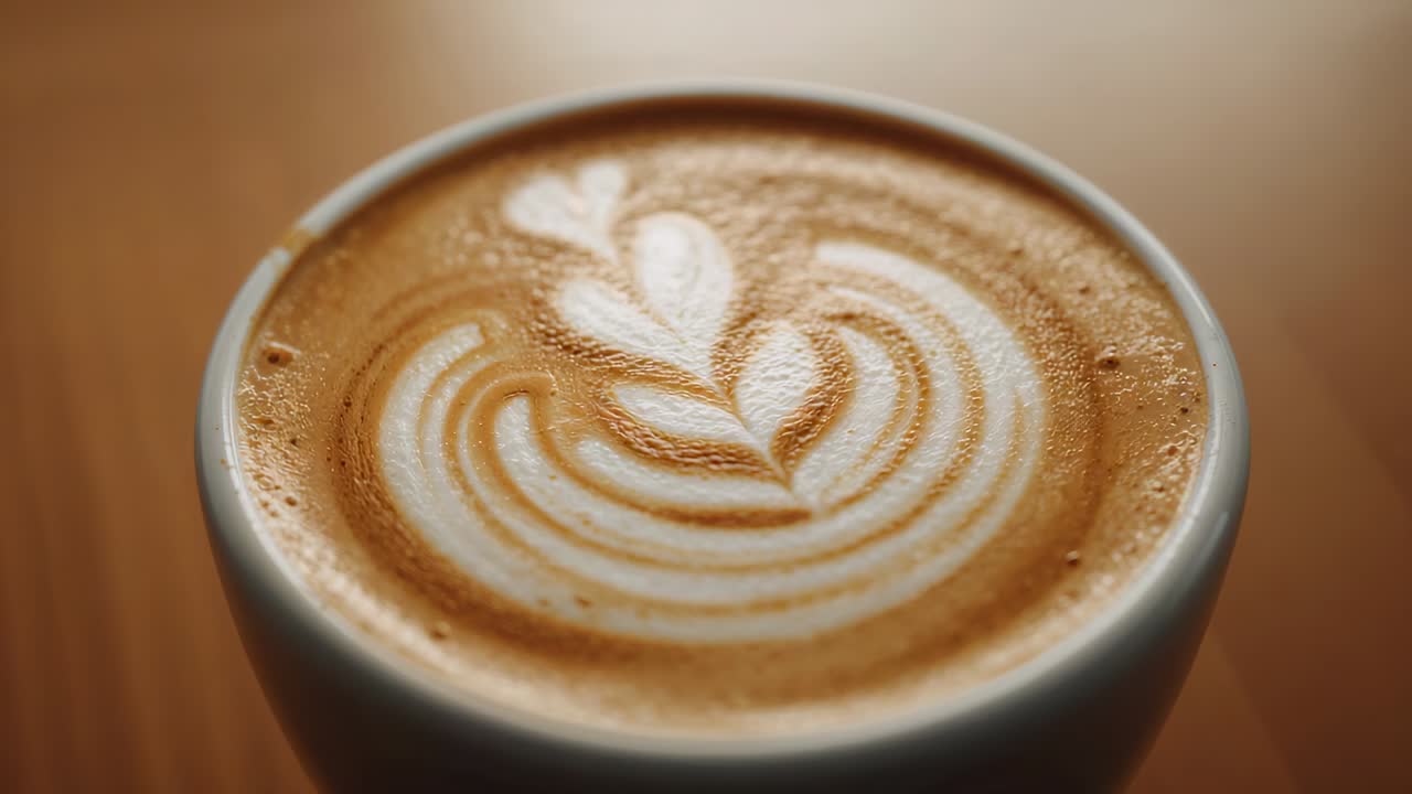 Framing white ceramic cup, camera keeping cup centered on wooden tabletop, showing latte-art