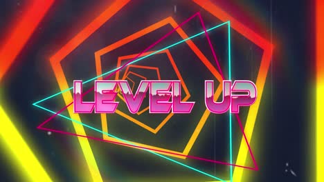 Animation-of-level-up-text-over-neon-shapes-on-black-background