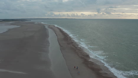 Familia-Caminando-Juntos-Sobre-La-Playa-De-Arena-En-Un-Día-Nublado,-Inclinación-Aérea-Hacia-Abajo