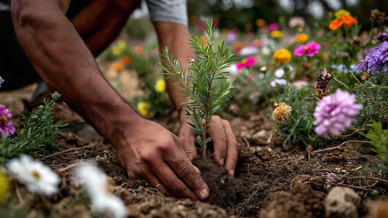 Nurturing Growth: A Gardener's Hands Planting a Young Tree Amidst a Flourishing Bloom of Colorful Flowers in a Vibrant Garden Setting