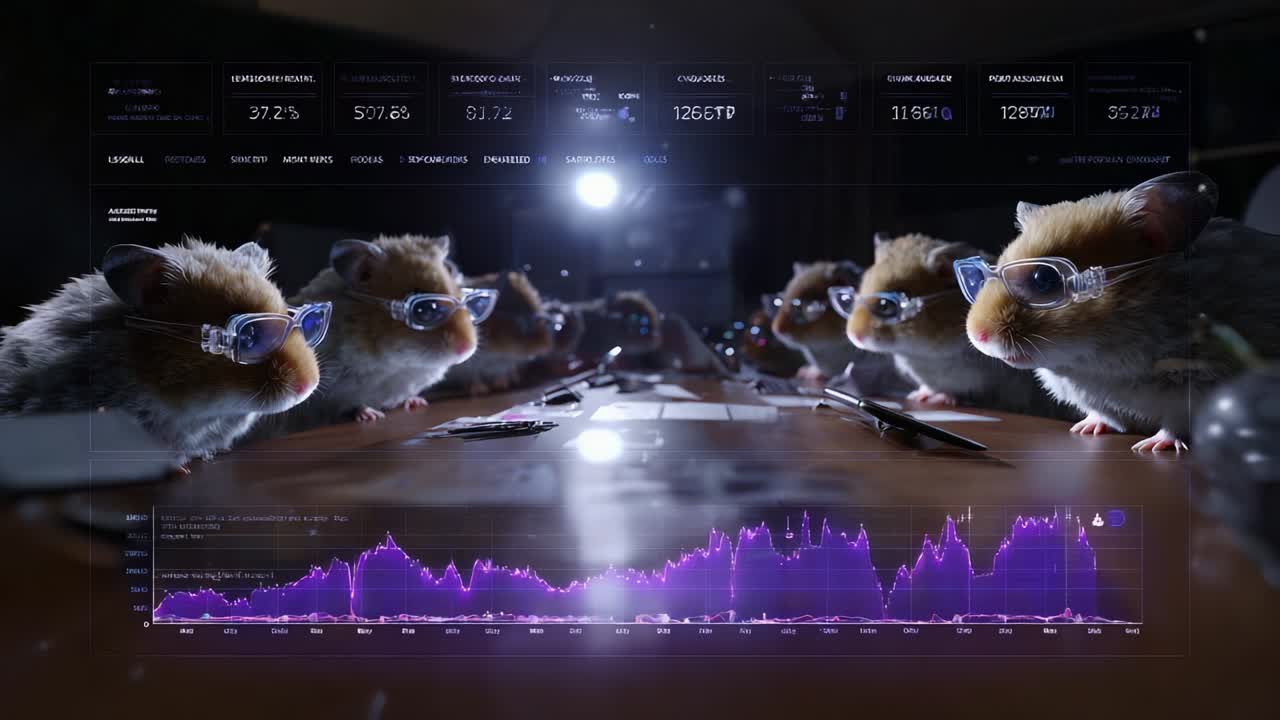 A group of intelligent hamsters equipped with glasses engages in a data analysis session, attentively examining charts and graphs on a polished table, surrounded by high-tech screens displaying analytical information