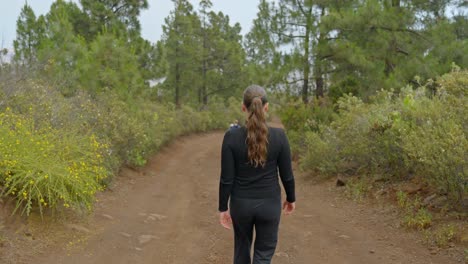 girl in black tracksuit walking down steep dirt path, hiking north tenerife