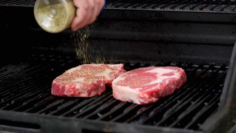 putting spices two rib-eye steaks on in slow motion