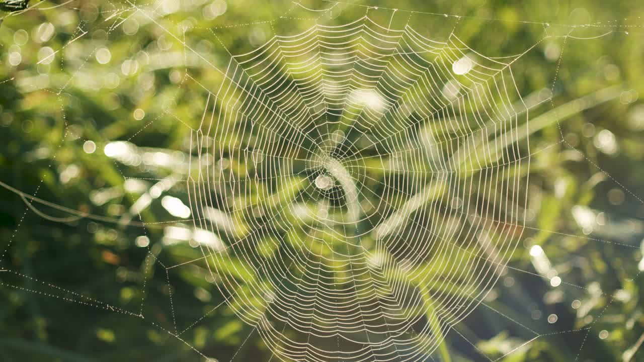 아침 이슬로 가득 찬 거미줄 밝은 일출 백 라이트 슬로우 패닝에서 물방울