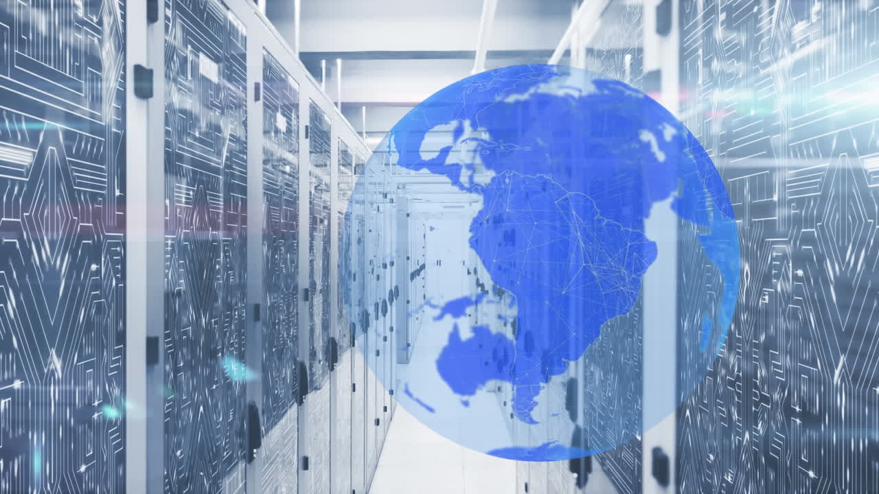 서버 방 위의 지구와 빛의 반점의 애니메이션