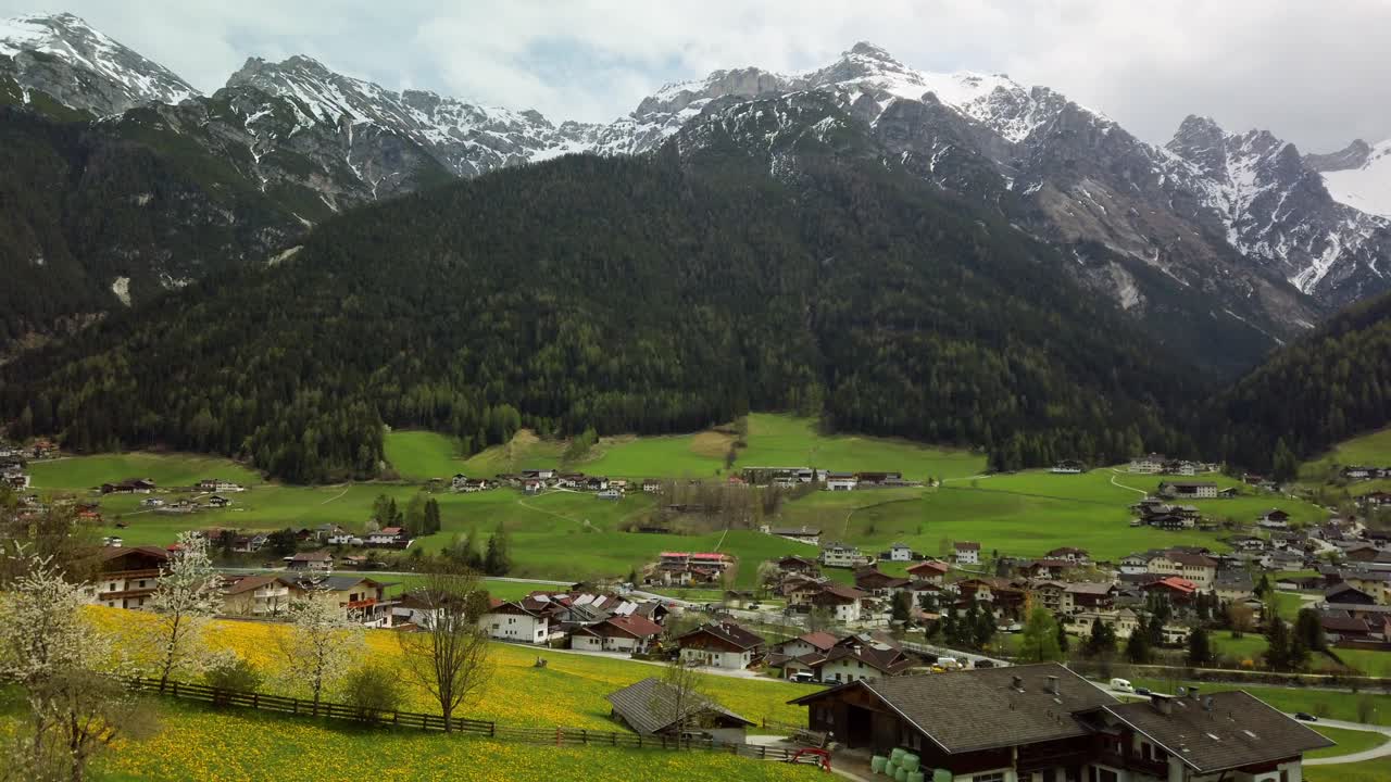 paisaje de neustift en el valle de stubai con una pradera, flores de cerezo y diente de león y una granja