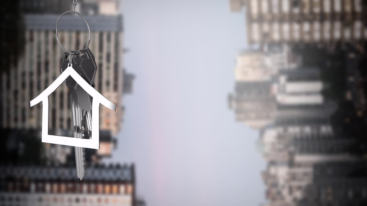 Animation of silver house key and jey fob over cityscape