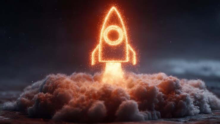A Rocket Launching Into Space, Illuminating the Dark Sky with Fiery Propulsion and Surrounding Cloud, Symbolizing Exploration and Innovation