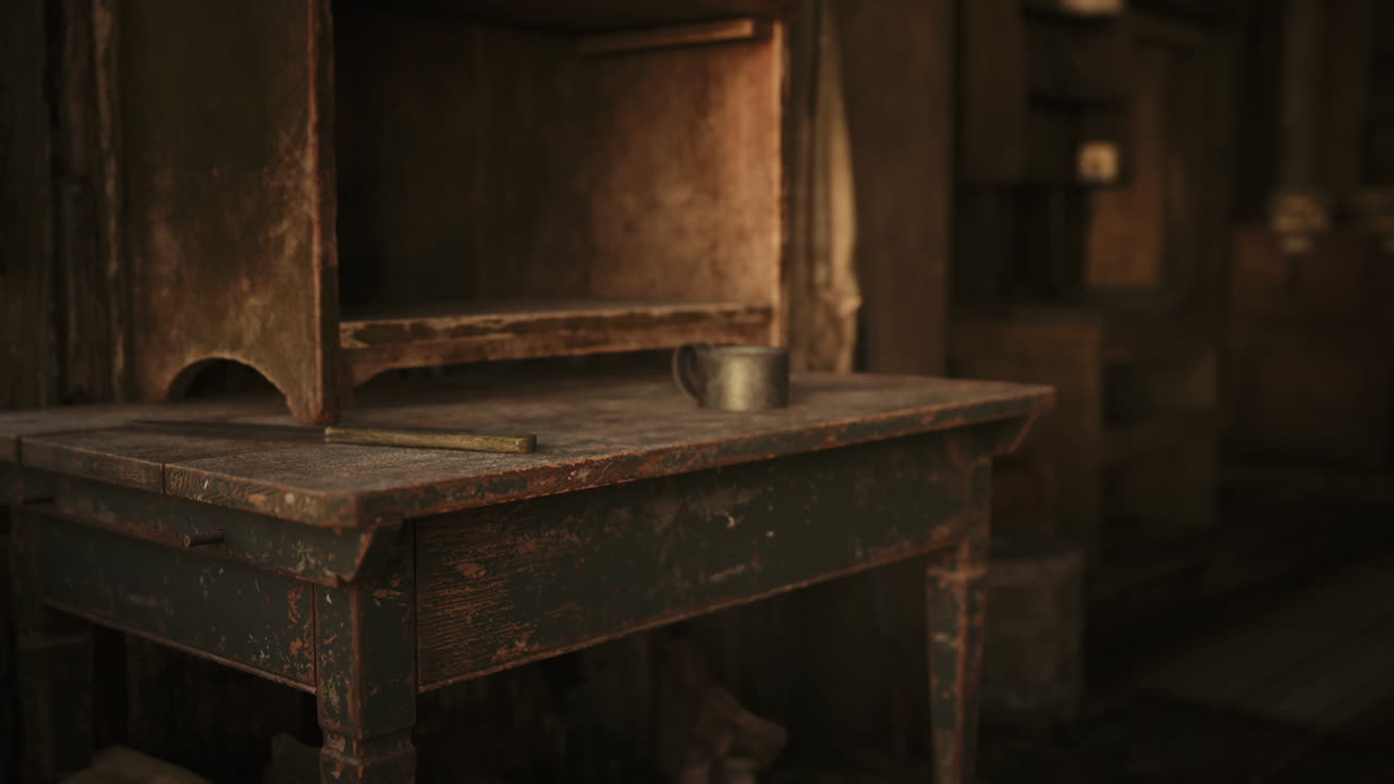 Old wooden table with a metal mug and stick in a dimly lit room