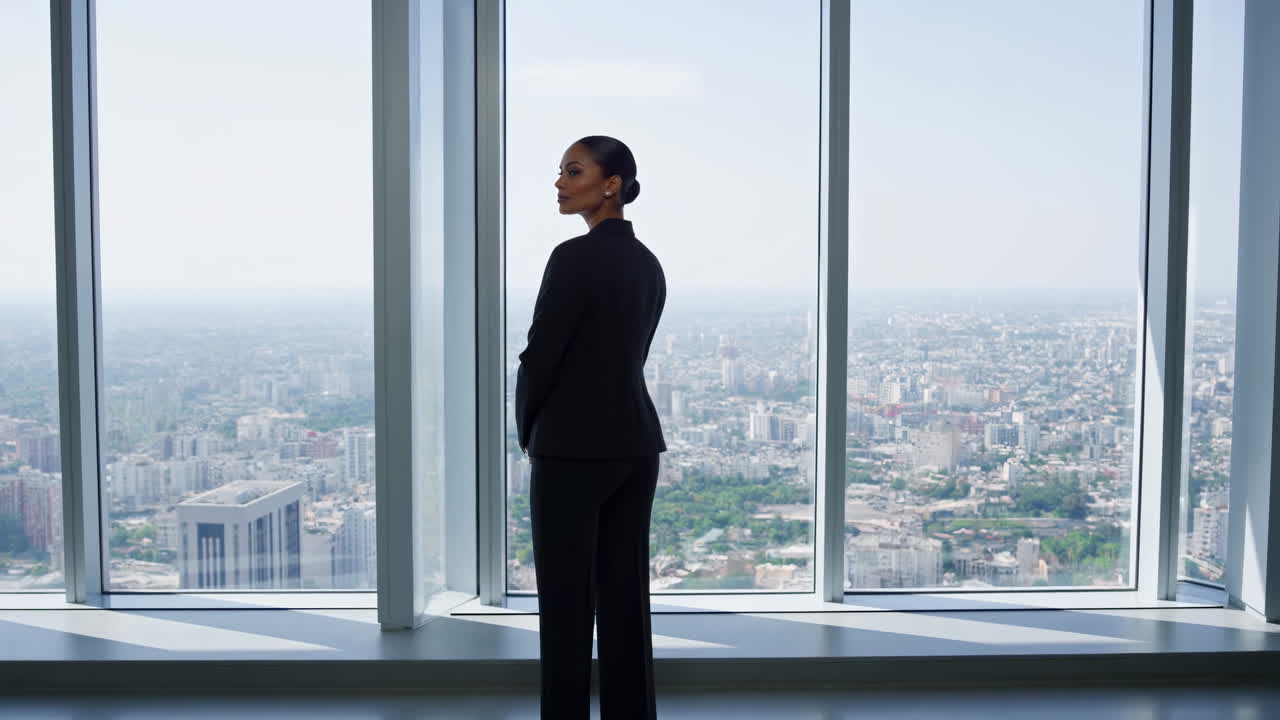 Dirigente donna di colore che si affaccia sullo skyline della città, in piedi vicino a una finestra a tutta altezza in un moderno ufficio in grattacielo.